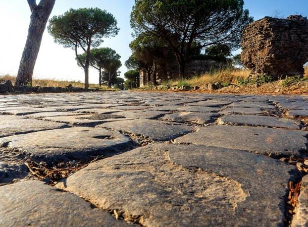 Ancient Roman Appian Way cobblestone road